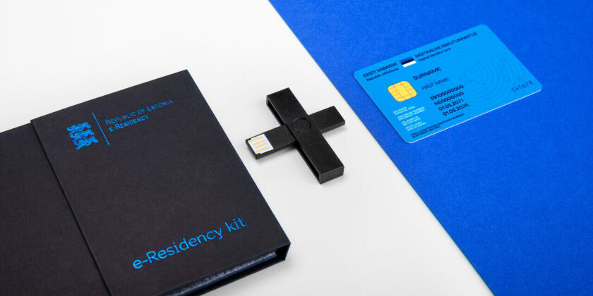 e-Residency kit box with blue card and black reader